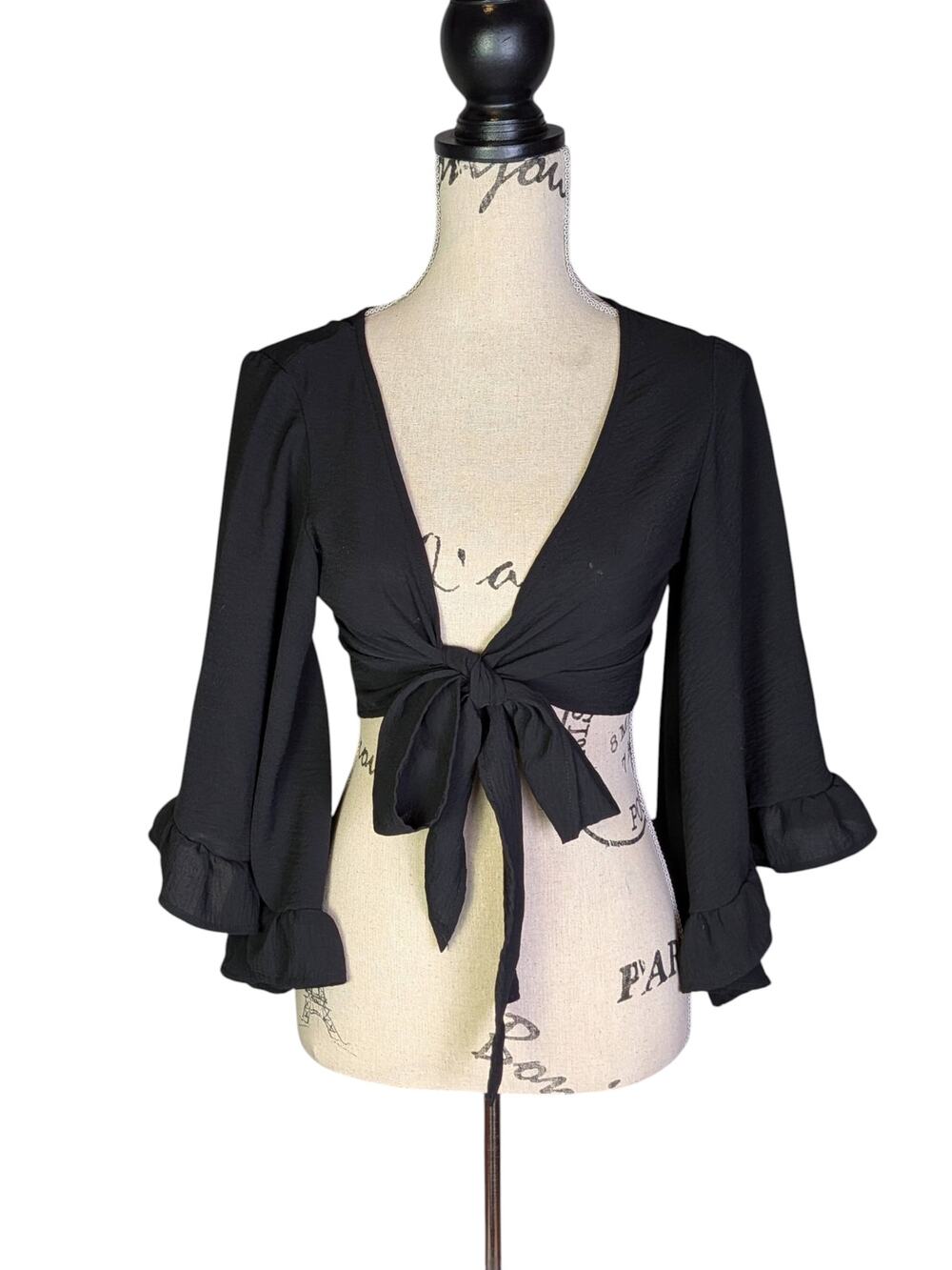 Whimsigoth Black Bell Sleeve Tie Top Size S